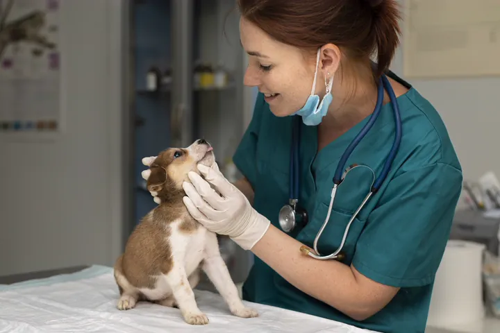 Veterinária examinando um filhote na mesa de consulta